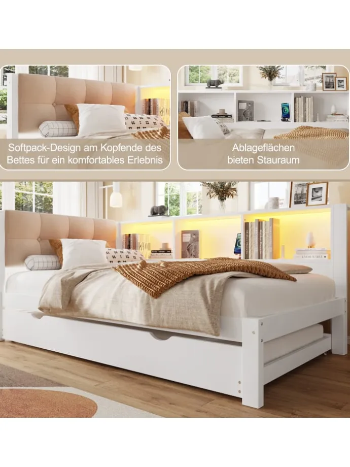 90x200cm Einzelbett Tagesbett ausziehbar mit LED