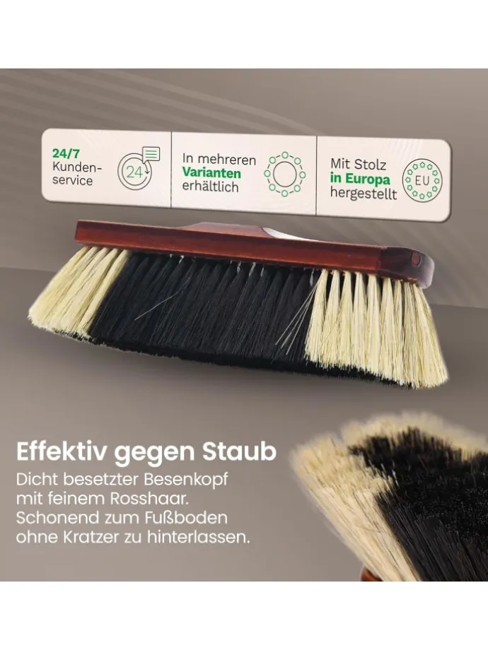 Zimmerbesen mit Stiel ROSSHAAR Mischung Besen weiche Borsten Schrankbe in Braun